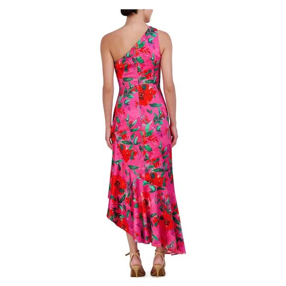 Eliza J Hot Pink Floral One Shoulder Ruffle Hi Lo A Line Dress Sz.10 NWT - Picture 3 of 16